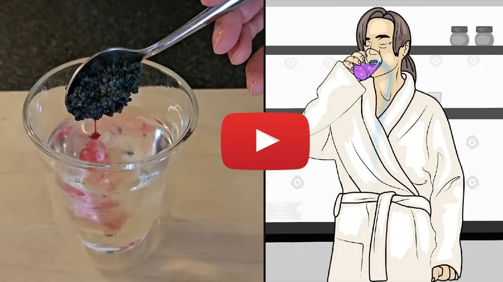 Imagem de água morna com pó e pessoa bebendo